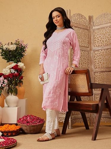 Ada Hand Embroidered Lucknowi Chikankari Straight Modal Kurta Kurti for Women A411801 Pink (4XL)