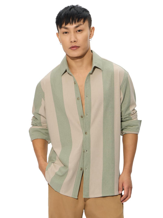 The Souled Store Stripes: Sage Men and Boys Short Sleeves Collared Neck Button Front Regular Fit Cotton Shirt