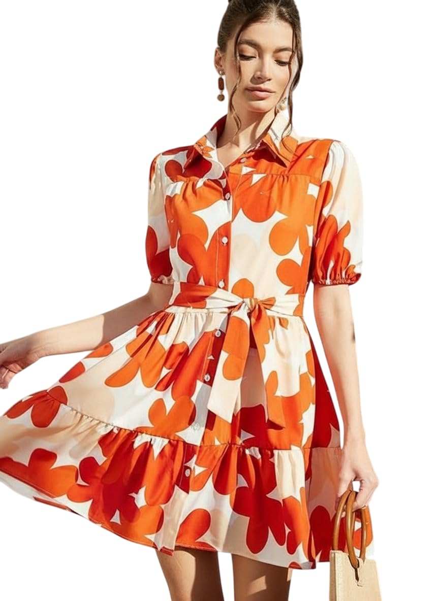eightone Women's Floral Print Rayon Ruffled A-Line Midi Dress – Elegant Summer (in, Alpha, L, Regular, Orange)