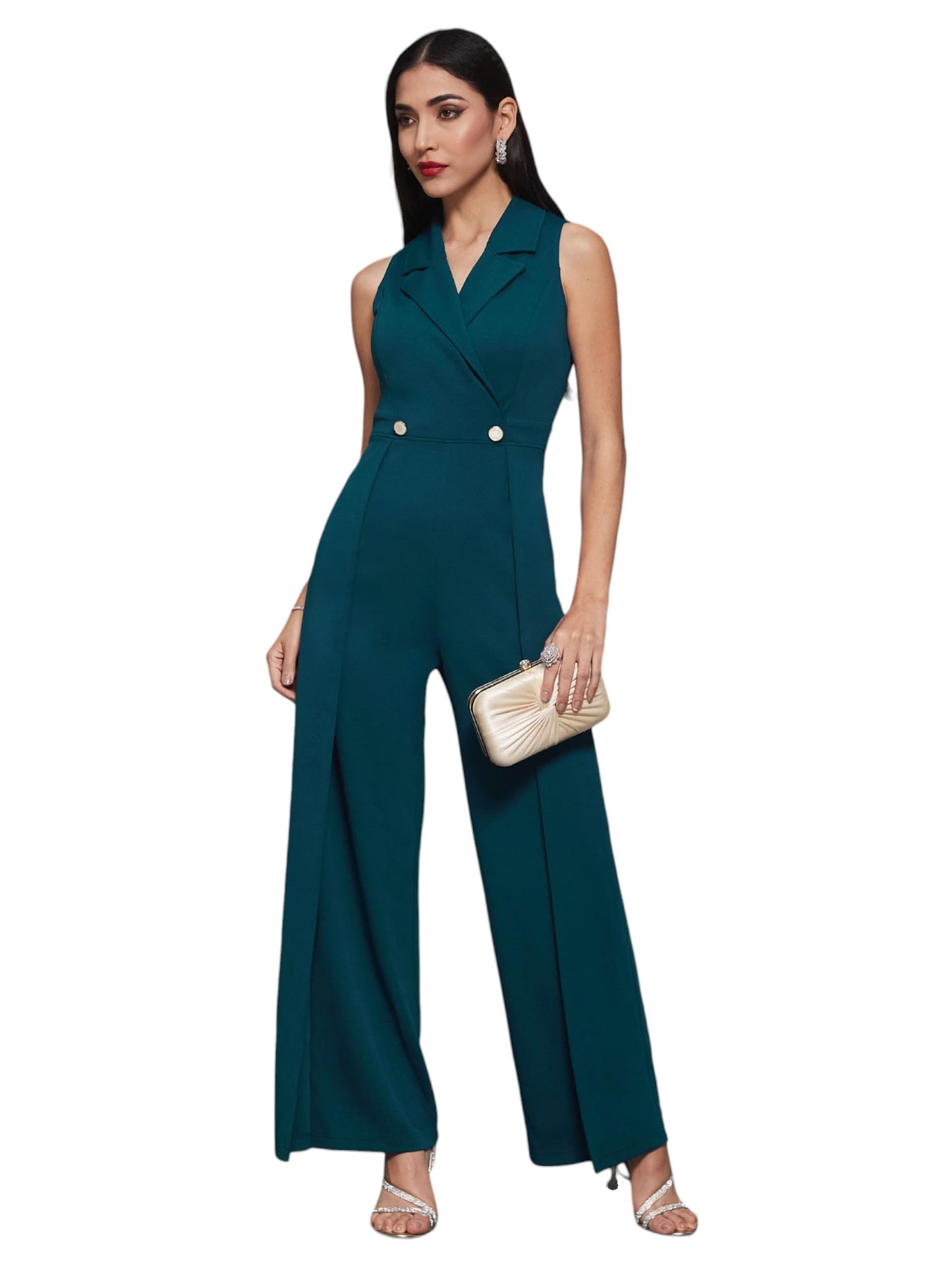 Miss Chase Women's Notched Collar Sleeveless Wrap Regular-Length Jumpsuit (MCSS25D93-84-487-03, Peacock Teal, S)