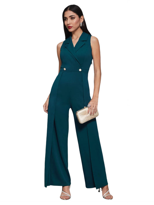 Miss Chase Women's Notched Collar Sleeveless Wrap Regular-Length Jumpsuit (MCSS25D93-84-487-03, Peacock Teal, S)