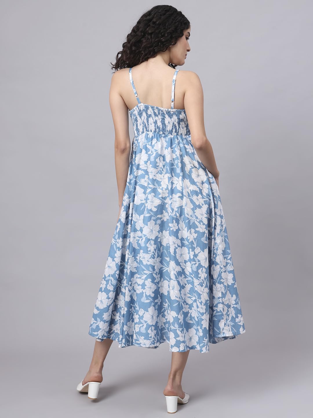 Divena Blue Floral Shoulder Straps Cotton Dress