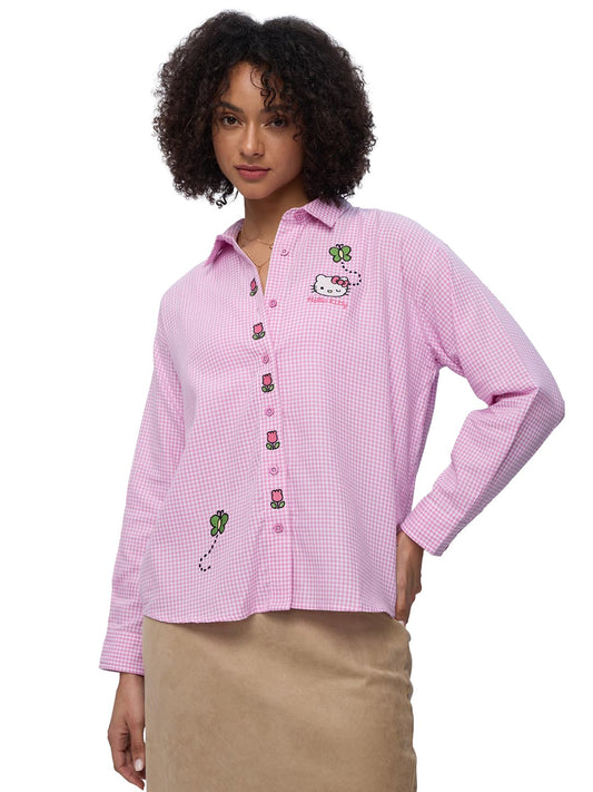 The Souled Store Hello Kitty: Very Plaid Women and Girls Long Sleeves Collared Neck Button Front Cotton Boyfriend Shirts Pink