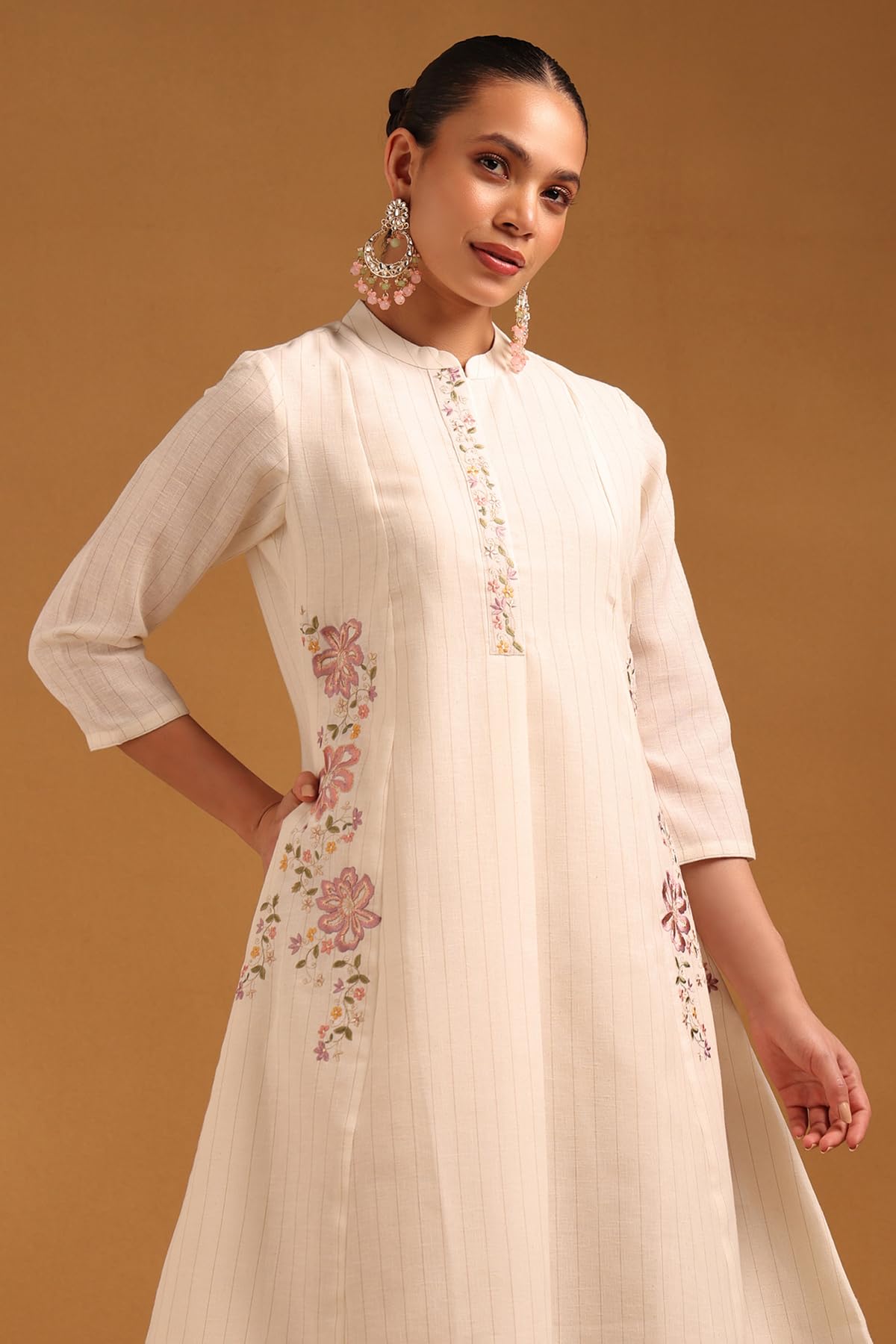Soch Womens Off White Cotton Blend Floral Dress with Thread Work