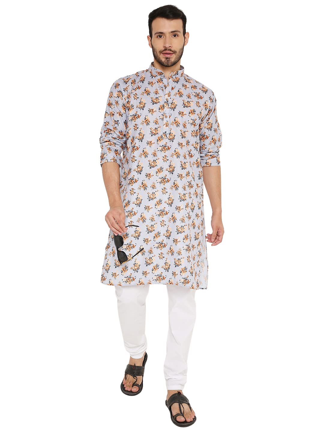 LUCKWIN Linen Regular Fit, Mandarin Collar, Floral Print Kurta Pajama Set in Light Grey for Men [LWKP169-36-2023]