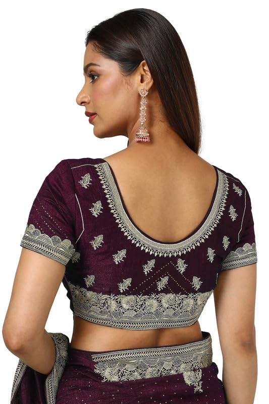 Soch Womens Wine Tussar Embroidered Saree With Stone Work