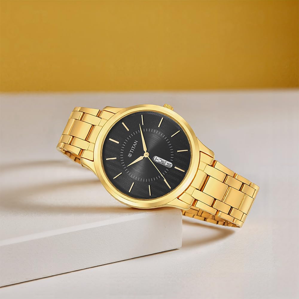 Titan Quartz Analog with Day and Date Black Dial Stainless Steel Strap Watch for Men-NS1825YM02