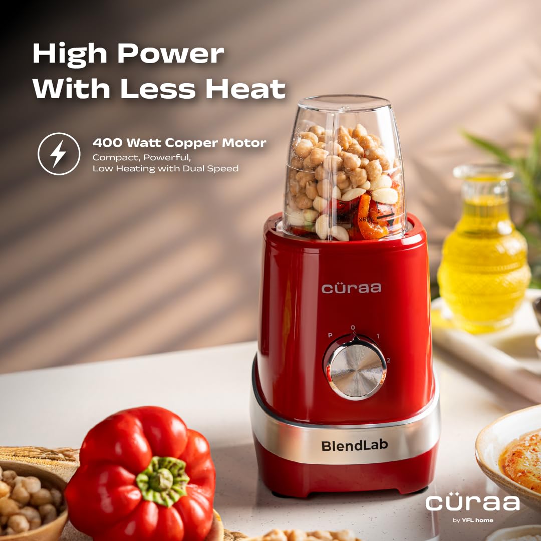 Cüraa by YFL home BlendLab Mixer Grinder for kitchen – 3 Jars | 100% Copper Motor | Stainless Steel Jar for Spice Grinding & Chutneys | Compact Smoothie Blender | Smoothies Maker | 2 Year Warranty