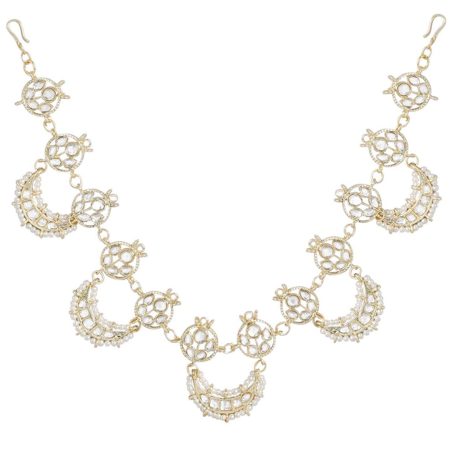 Peora Gold Plated Traditional Floral Kundan Pearl Studded Rajasthani Sheeshpatti Sheeshphool Mathapatti Hair Jewellery for Women