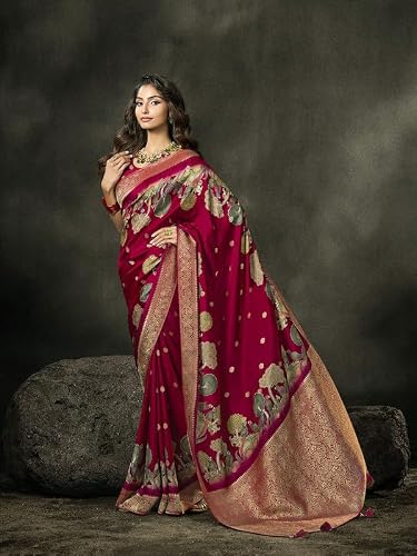 Meena Bazaar Maroon Woven Art Silk Saree With Blouse Piece