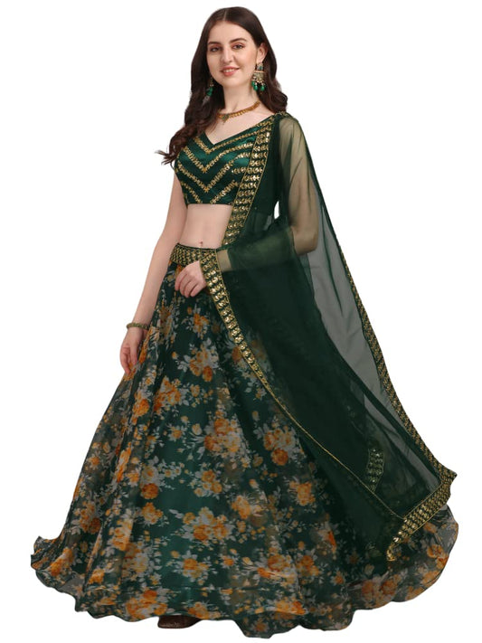 Fashion Basket Women's Floral Organza Semi Stitched Green Lehenga Choli