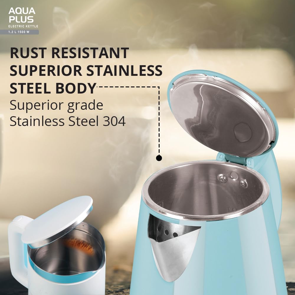 Havells Aqua Plus Electric Kettle 1.2 Litre, 1250 Watt | 304 Stainless Steel Inner Body | Cool Touch Body | Auto Shut-Off |Wider Mouth| 2 Year Warranty (Blue)