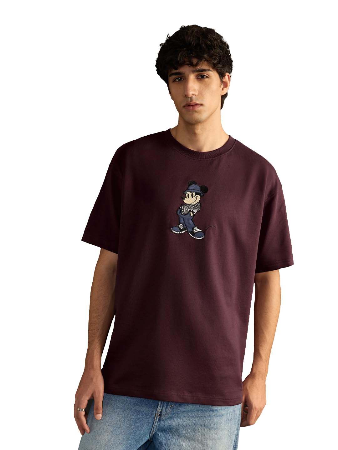 The Souled Store Mickey Mouse: Applique Mickey Men and Boys Short Sleeves Round Neck Red Embroidered Casual Streetwear Drop Shoulder Cotton Oversized T-Shirt