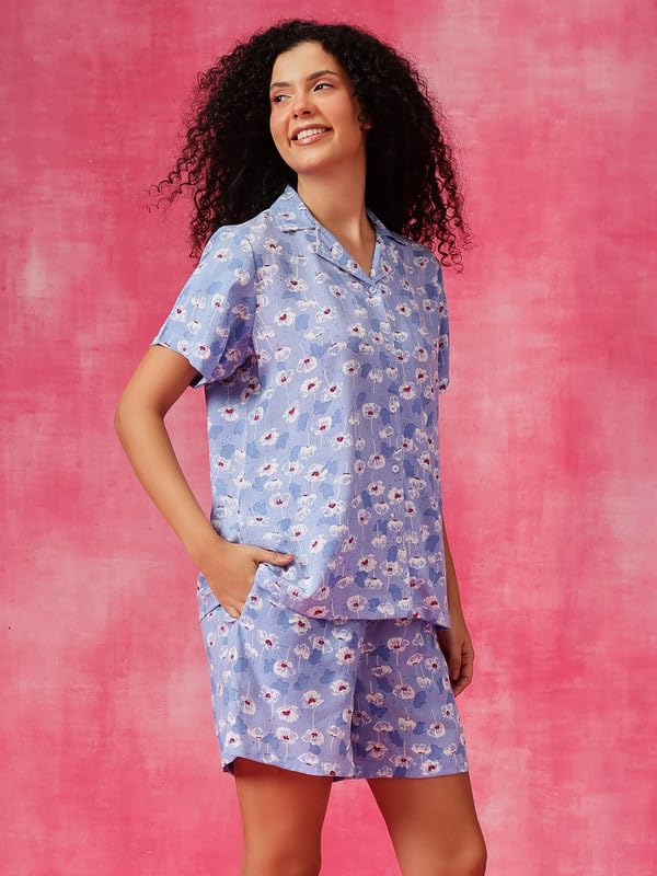 Clovia Women's Rayon Printed Button-Down Shirt & Shorts Set in Blue