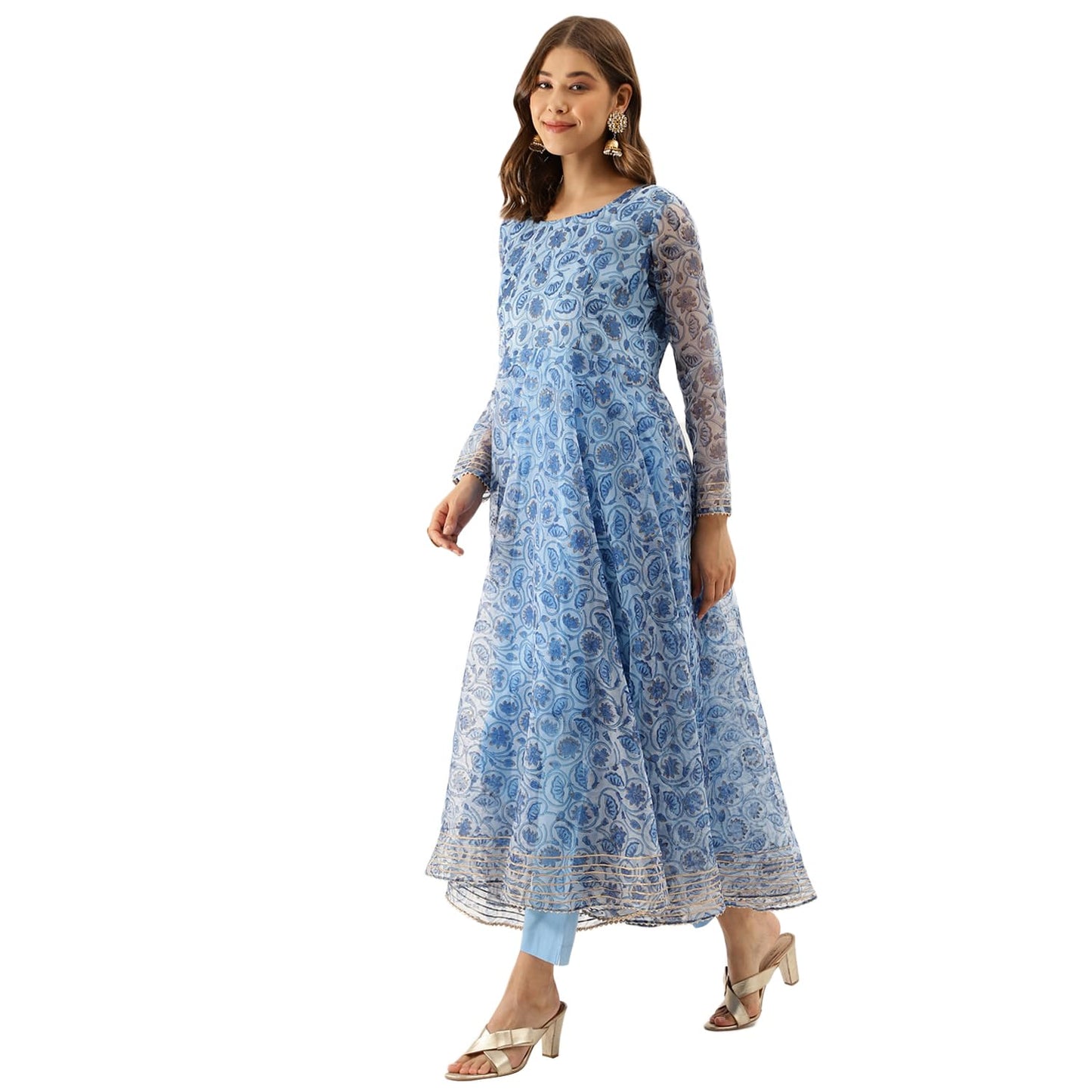 Divena Blue Floral Print Organza Anarkali Kurta set with Dupatta