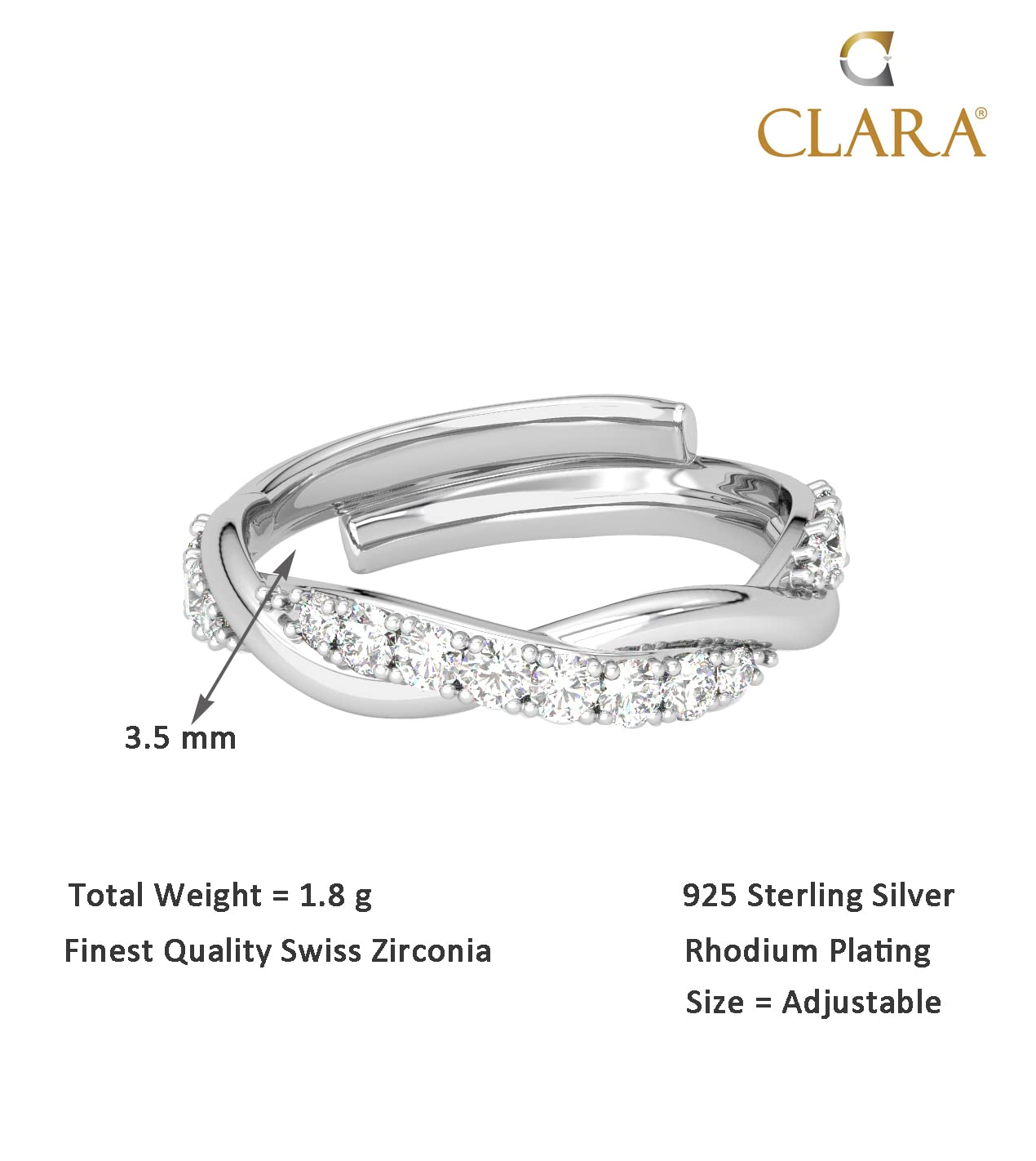 CLARA Pure 925 Sterling Silver Twist Finger Ring with Adjustable Band | Gift for Women Girls Wife Girlfriend | Swiss Zircon Rhodium Plated