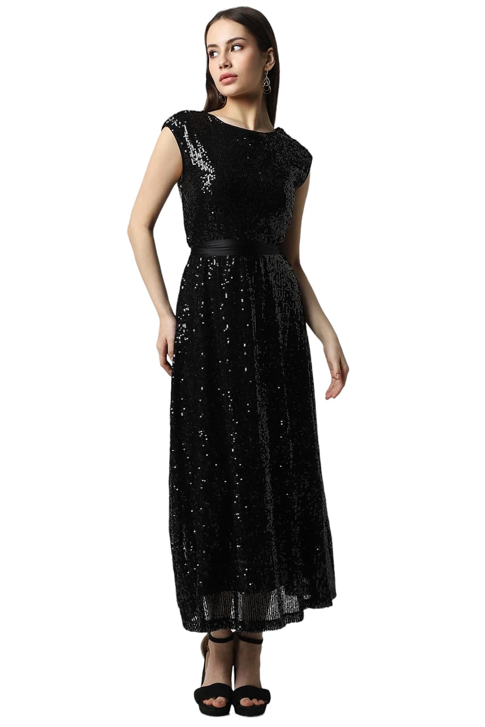 Van Heusen Women's Polyester Asymmetrical Ankle Length Dress (VWCDERGFF36398_Black