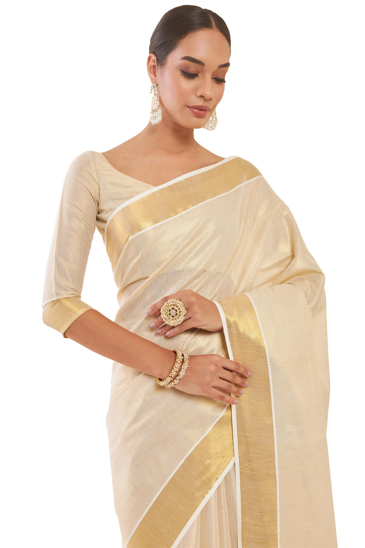 Soch Women Gold Tissue Kasavu Saree With Zari Pallu And Borders