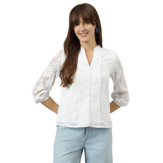 Latin Quarters Women White Mandarin Collar Three-Quarter Sleeves Solid Shirt for Casual Wear_M