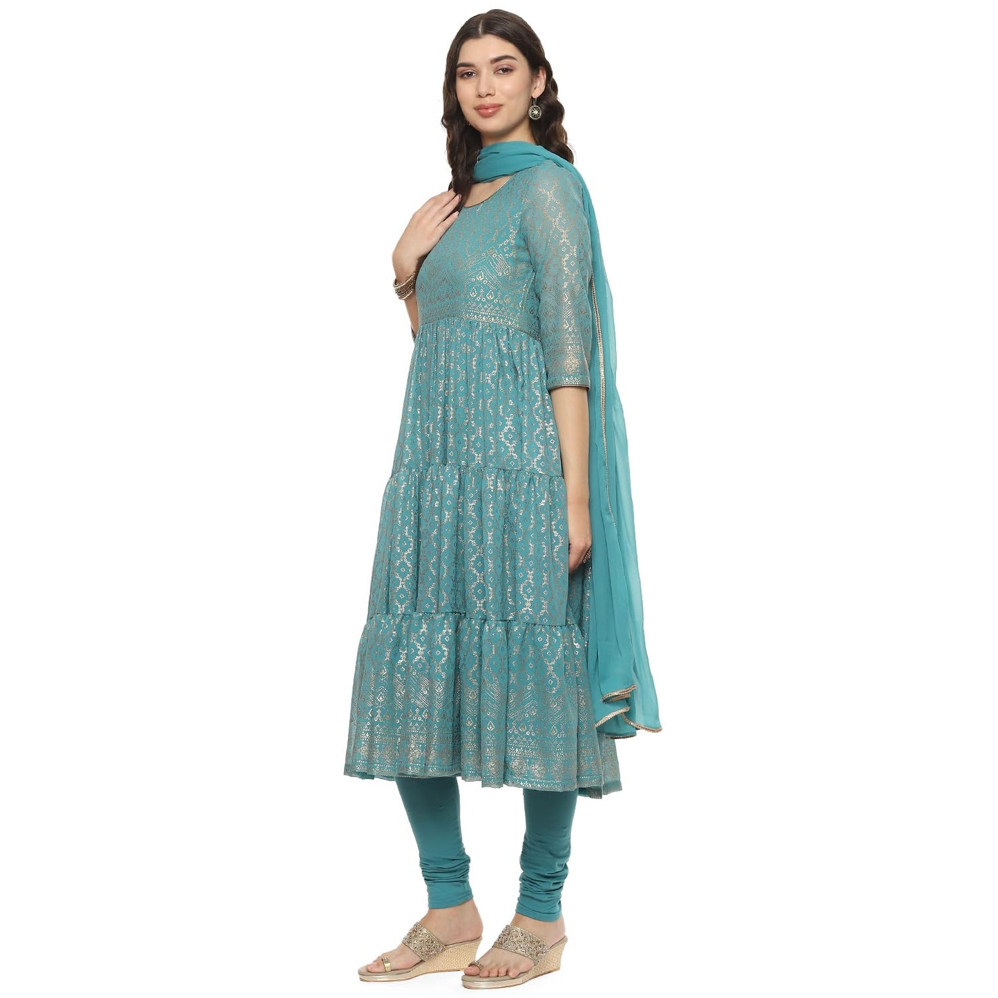 BIBA WOMEN PRINTED ANARKALI SALWAR KURTA DUPATTA(SKDGOLD MUR9143_SEA GREEN_36)