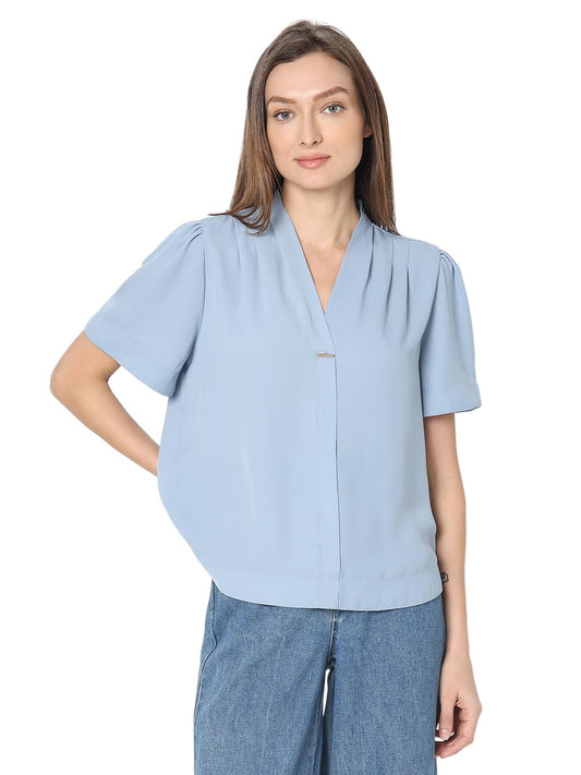 VERO MODA Women Solid Blue Polyester Regular Fit Top