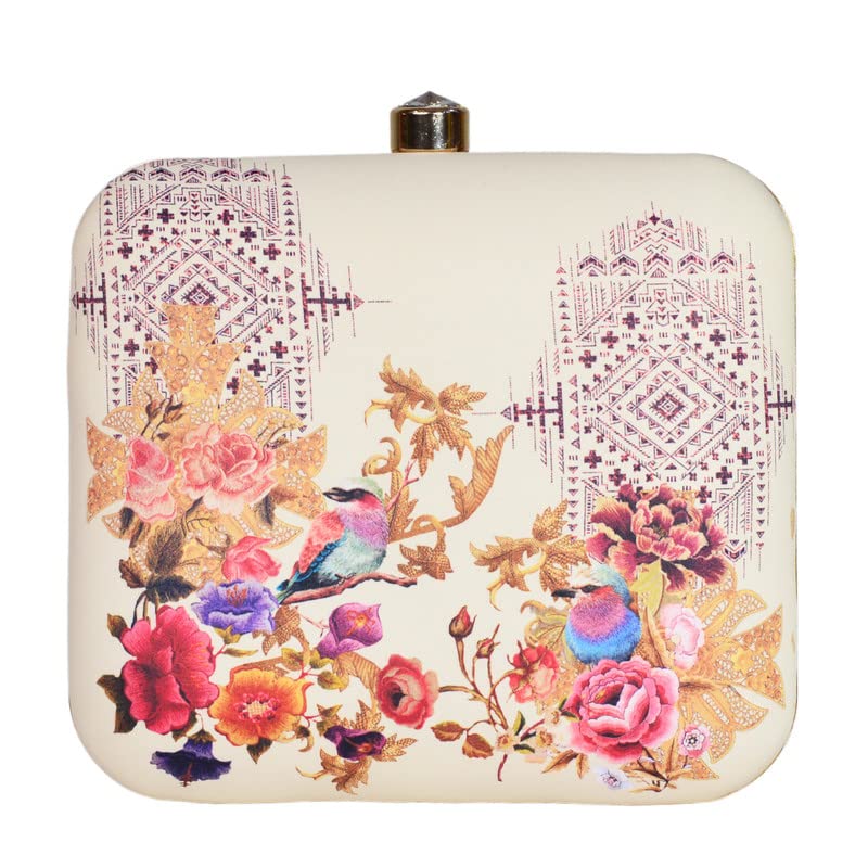 Artklim Printed Birds Off White Square Clutch Bag