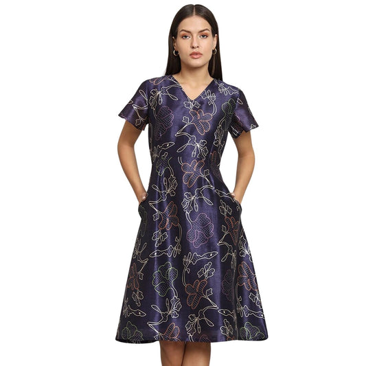 Powersutra Printed Silk Dress for Women | A-line Dress for Women | Office Wear | Blue