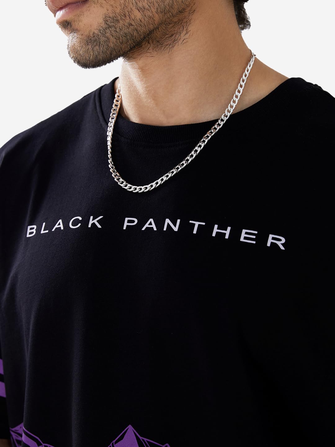 The Souled Store Official Black Panther Panther Power Black Oversized T Shirts for Men Baggy Off-Shoulder Loose Fit Relaxed Drop Shoulder Half Sleeve Round Neck Back Printed