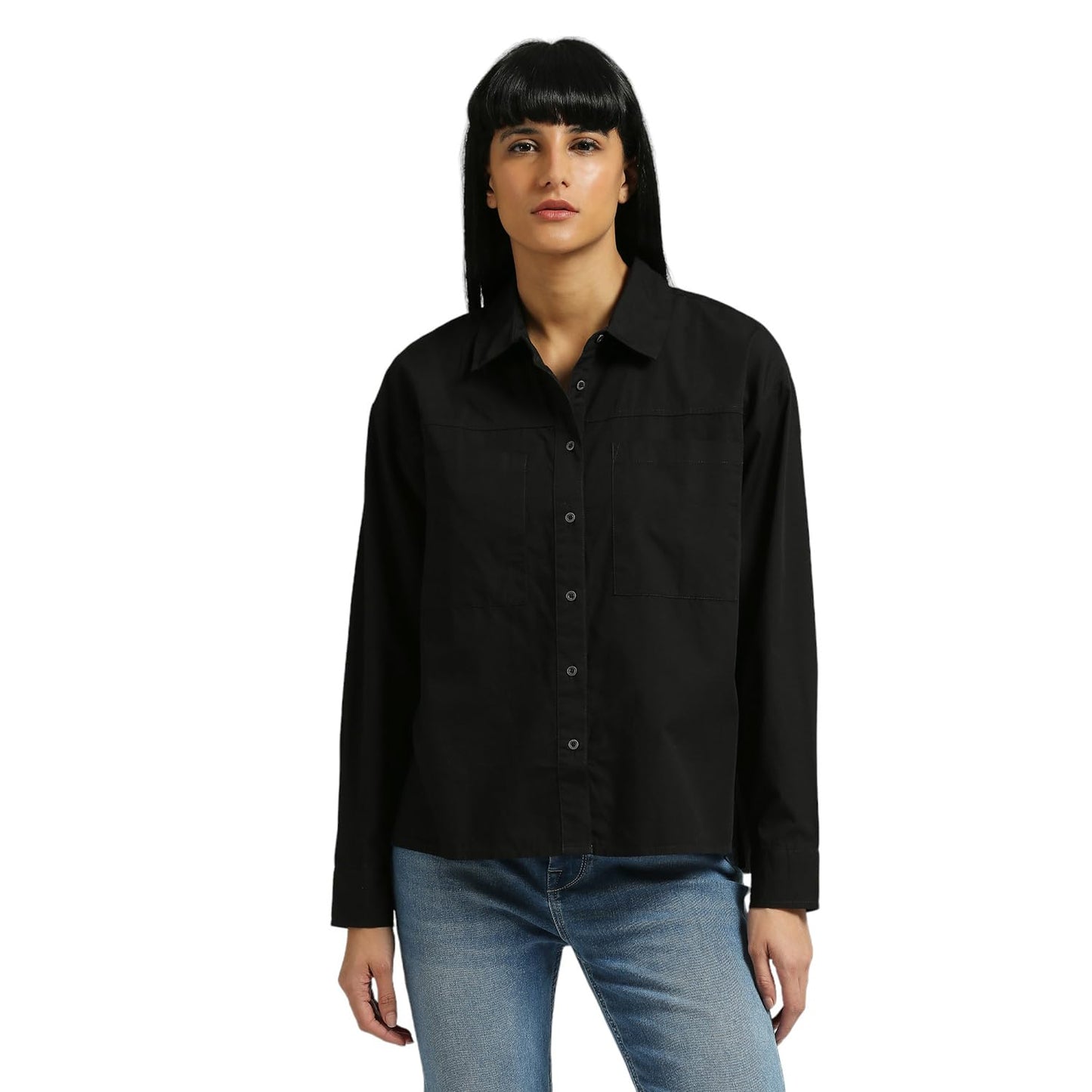 Pepe Jeans Women's Solid Oversized Fit Shirt (PL304903_Black