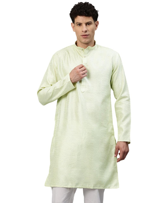 Luxrio Men's Silk Blend Sequence Self Embroidered Textured Long Kurta Full Sleeves Gold Size L