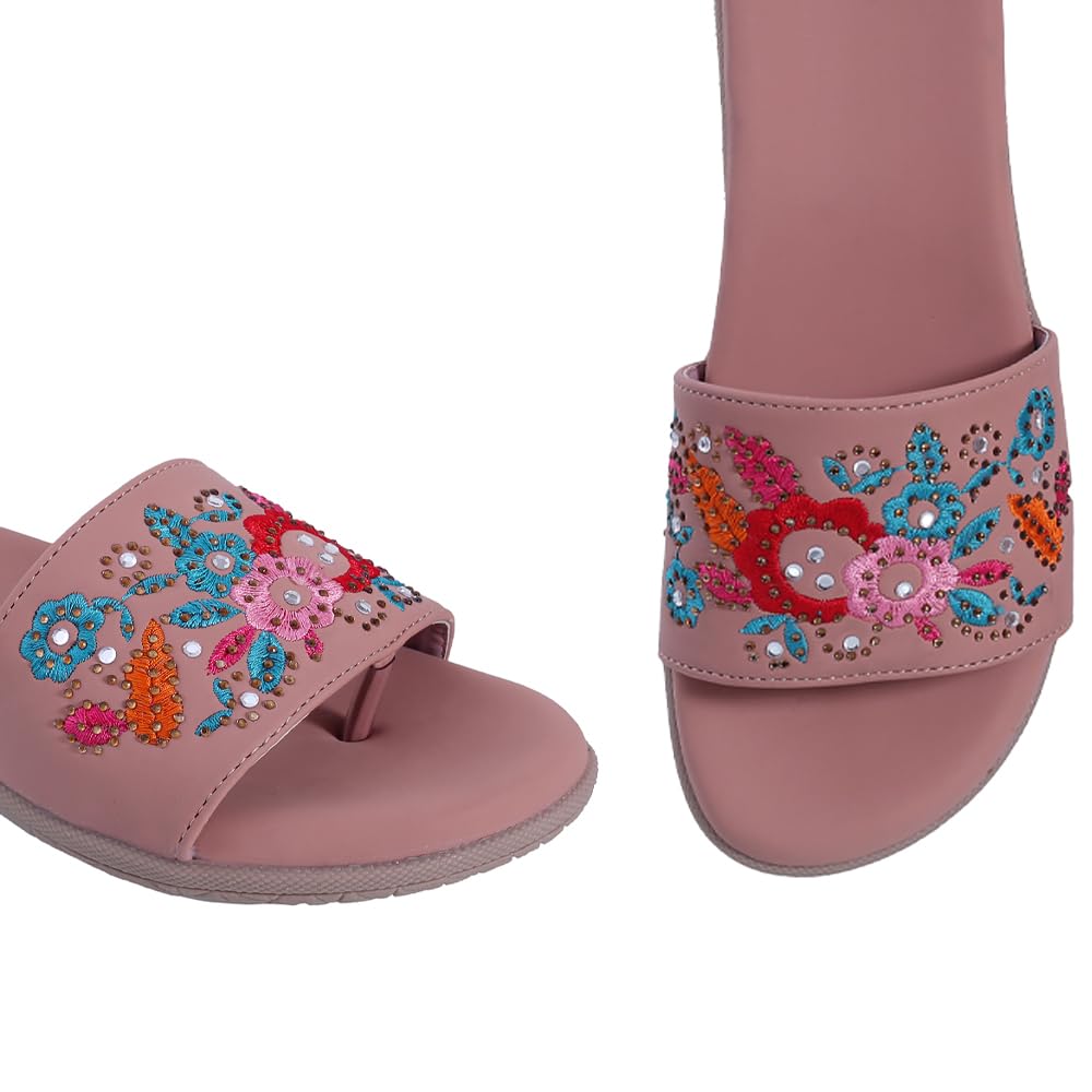 Pluxh Women Embroidered Slide Sandals | Ethnic Floral Slip-On Flats for Women | Comfortable Casual Daily Wear Fashion Sliders|5UK