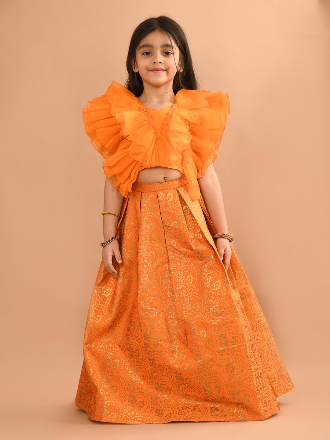 LILPICKS Ruffle Sleeveless Blouse with Brocade Flared Lehenga Set for Girls (Orange) (4-5Y)