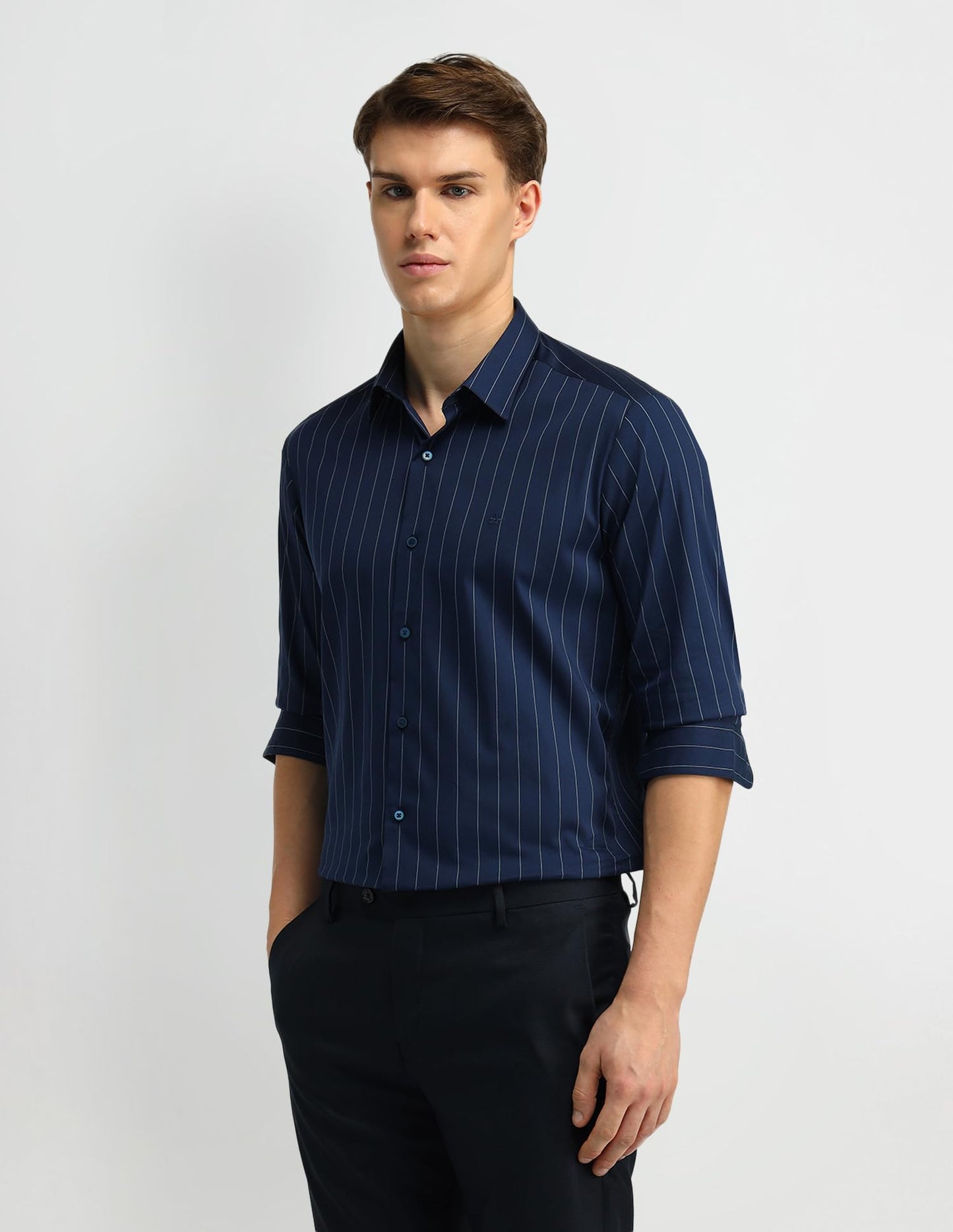Arrow New York Men's Striped Slim Fit Shirt (ARES1244_Navy