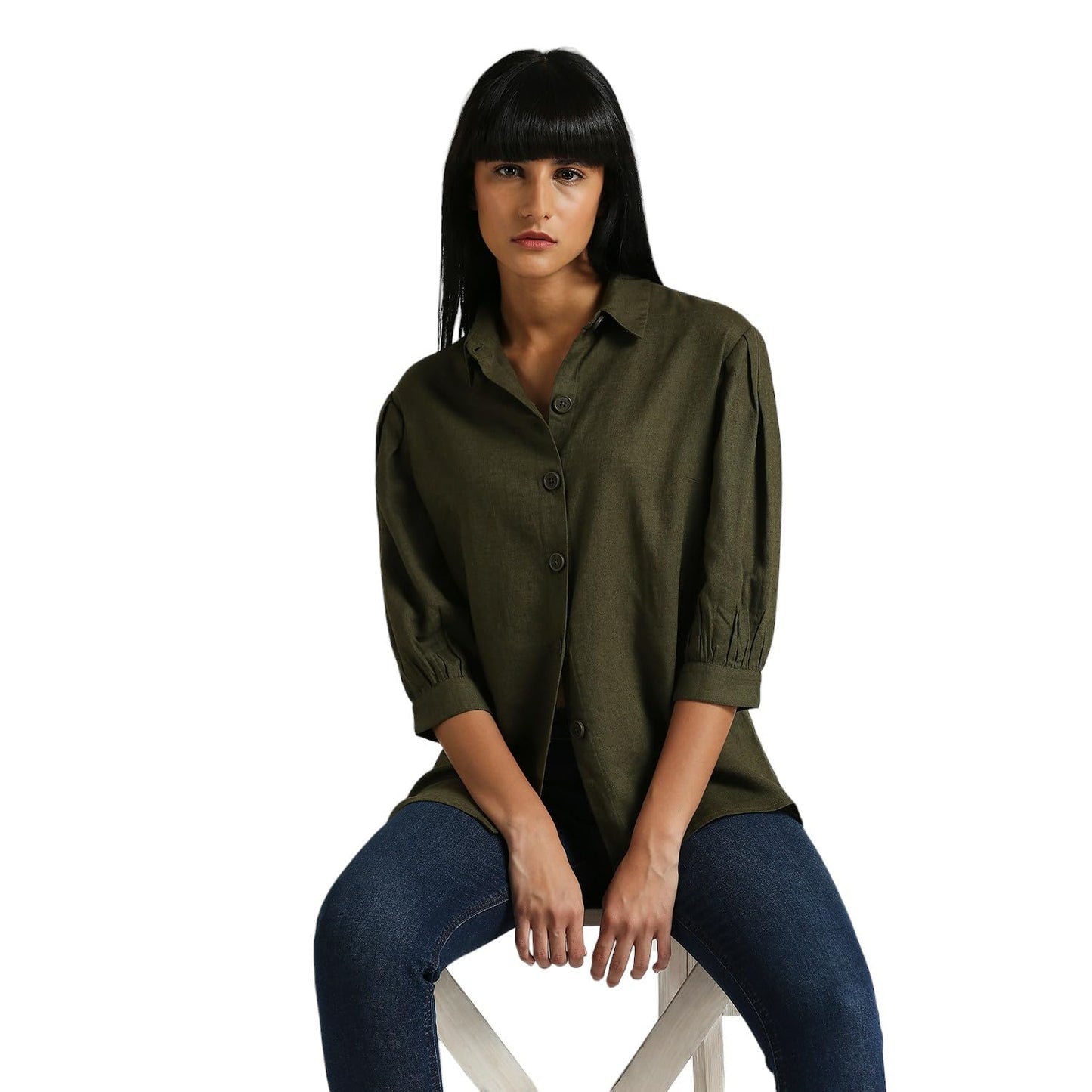 Pepe Jeans Women's Solid Relaxed Fit Shirt (PL304917_Olive Green