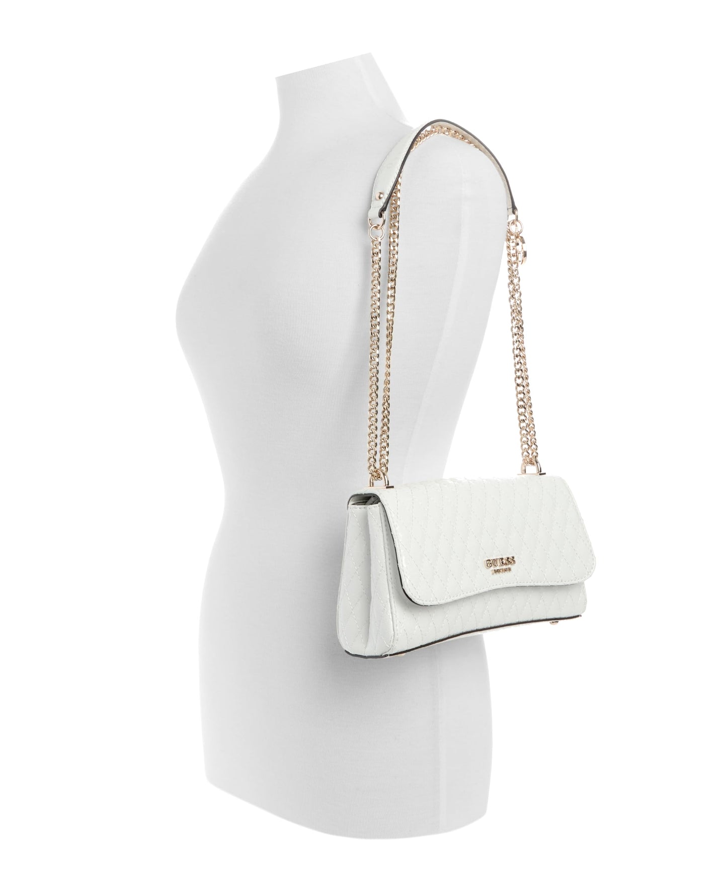 GUESS White Quilted Betula Convertible Flap Crossbody Bag