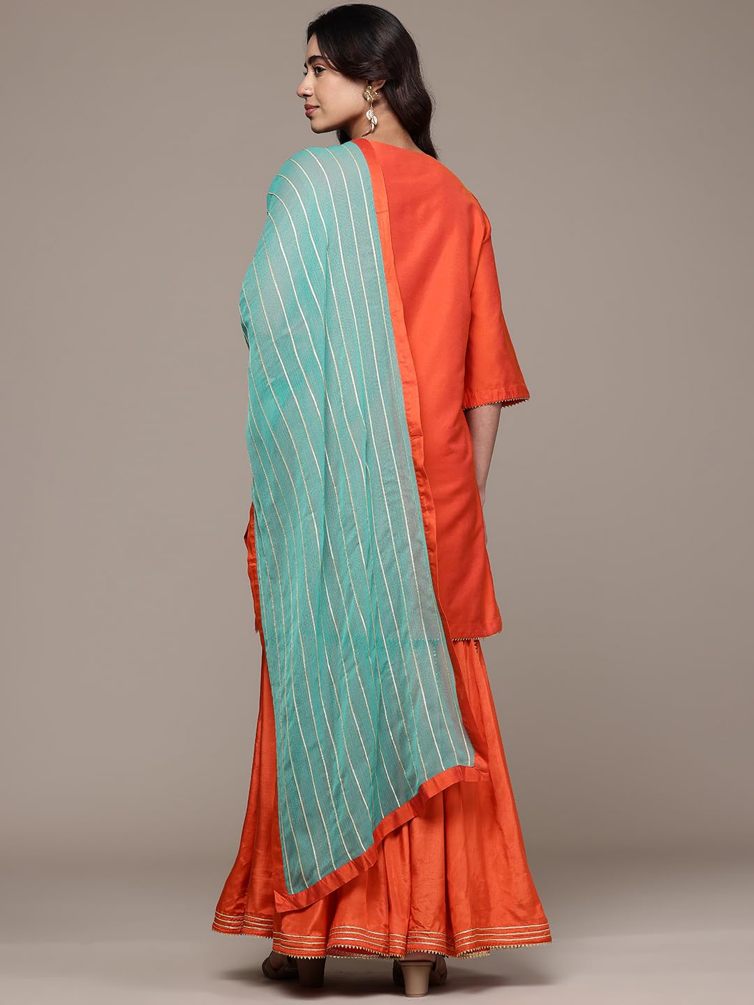 Aarke Ritu Kumar Orange Laila Festive Round Neck Kurti With Pant And Dupatta