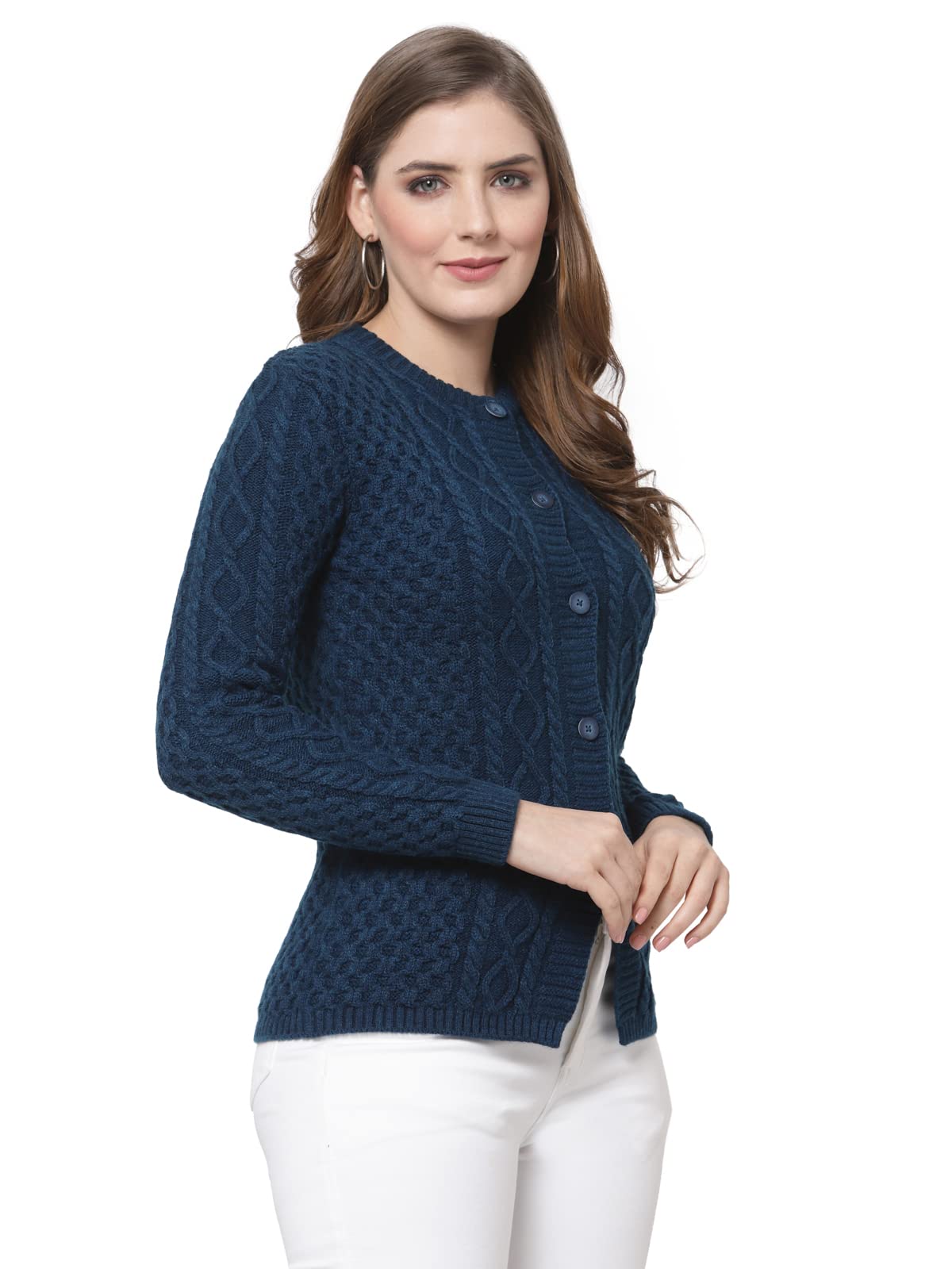 Kalt Women Sweater for Winters Woolen Acrylic Full Sleeve Round Neck Cable Design Cardigan Sweater for Women Winter Woollen Stylish (Teal;3XL)