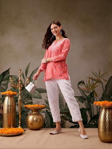 Ada Hand Embroidered Lucknowi Chikankari Muslin Short Kurti Top Tunic for Women A911435 Dark Peach (6XL)