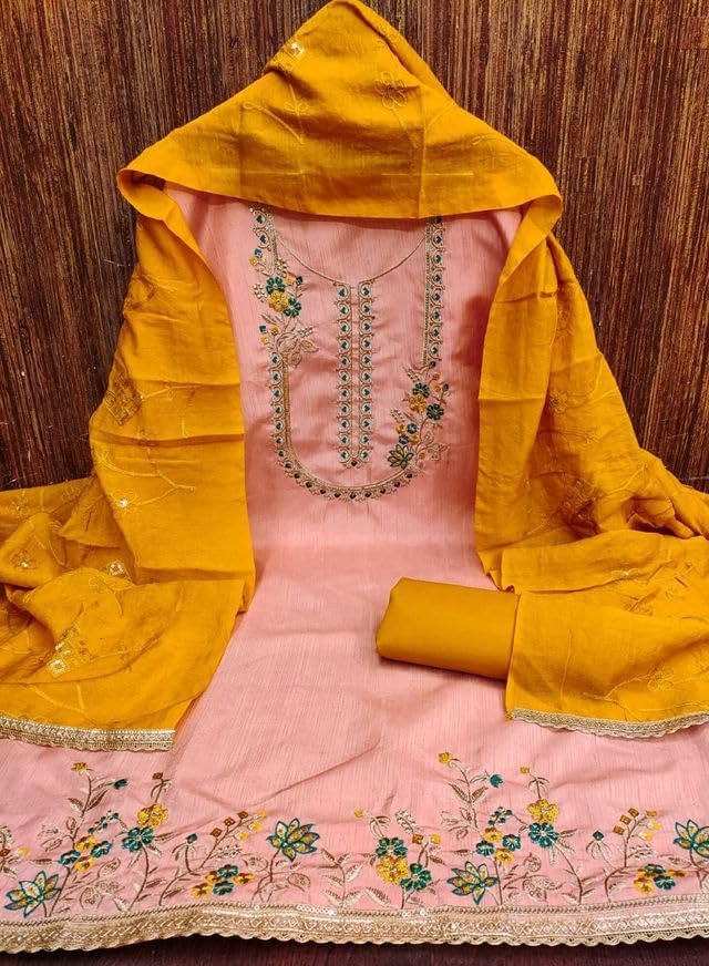 VARNI FABRICS Coco Silk Dress Material for Women Embroidered Unstitched Woman Salwar Suit Dress Material With Cotton Dupatta Paech Pink