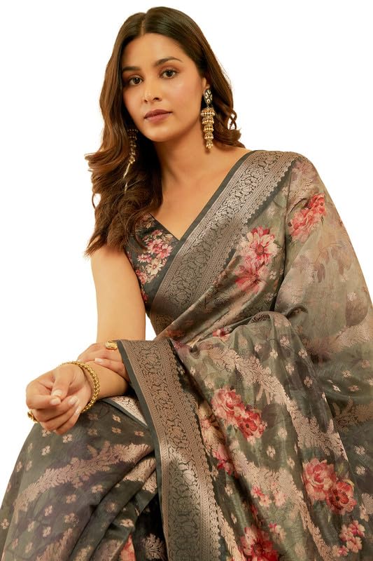 Soch Womens Black Floral Print Jacquard Chanderi Saree