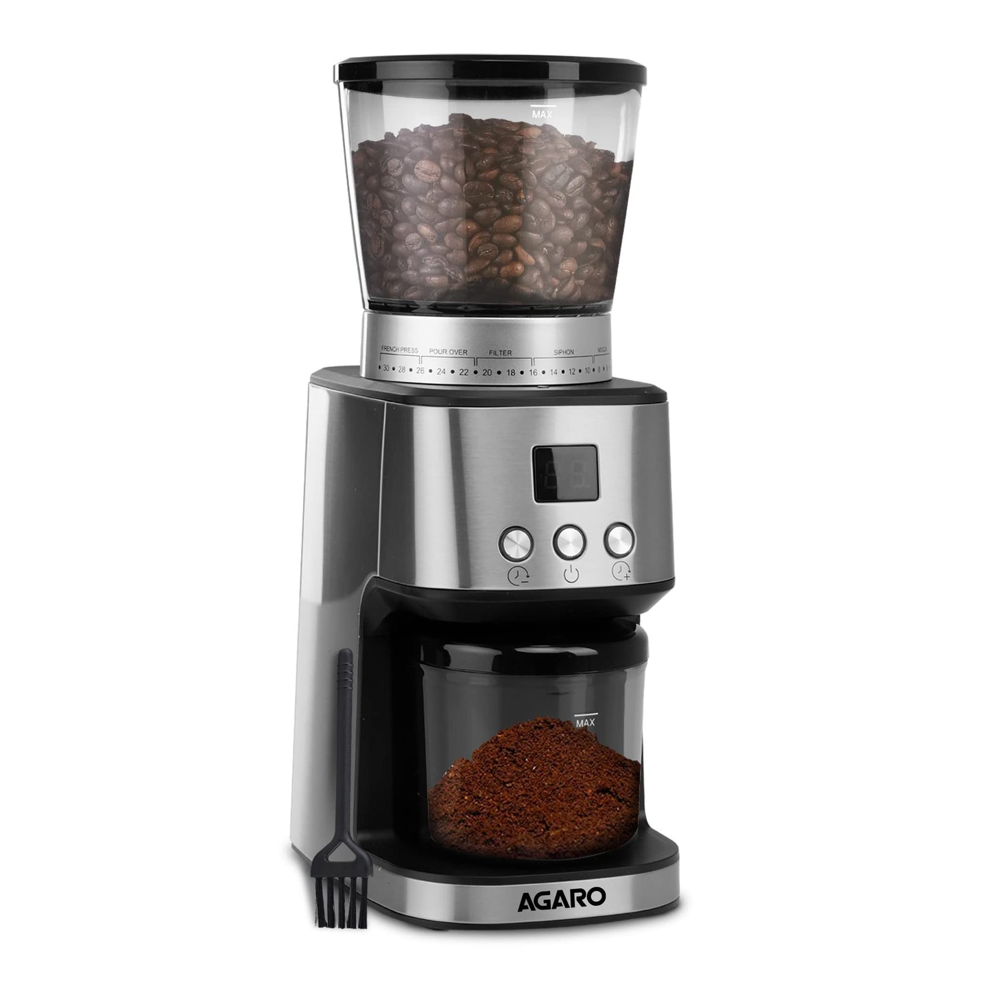 AGARO Stainless Steel Supreme Coffee Grinder,Conical Burr Grinder,31 Grinding Settings,Pulse Mode,Adjustable Digital Timer,Single Dose Grinder For Espresso Filter Dripper Moca,Espresso,Silver