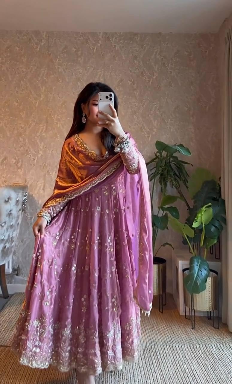 Women's Gown | Embroidery Work | Embroidered Heavy Fandy Silk Outfit | Designer Embroidered Dress with Dupatta || Long Sleeve Gowns (in, Alpha, L, Regular, Women, Light Purple)