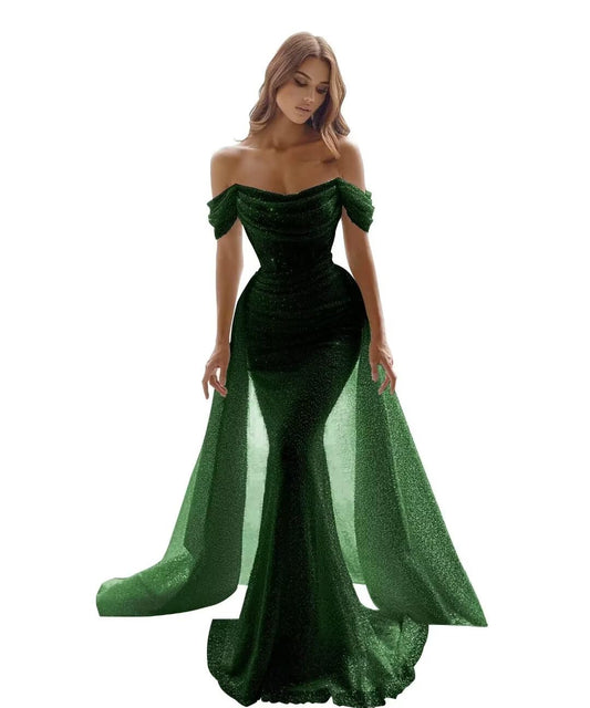 Sparkly Mermaid Prom Dresses for Women Sequin Off The Shoulder Detachable Train Evening Dresses Long Ball Gown, Emerald Green, 14