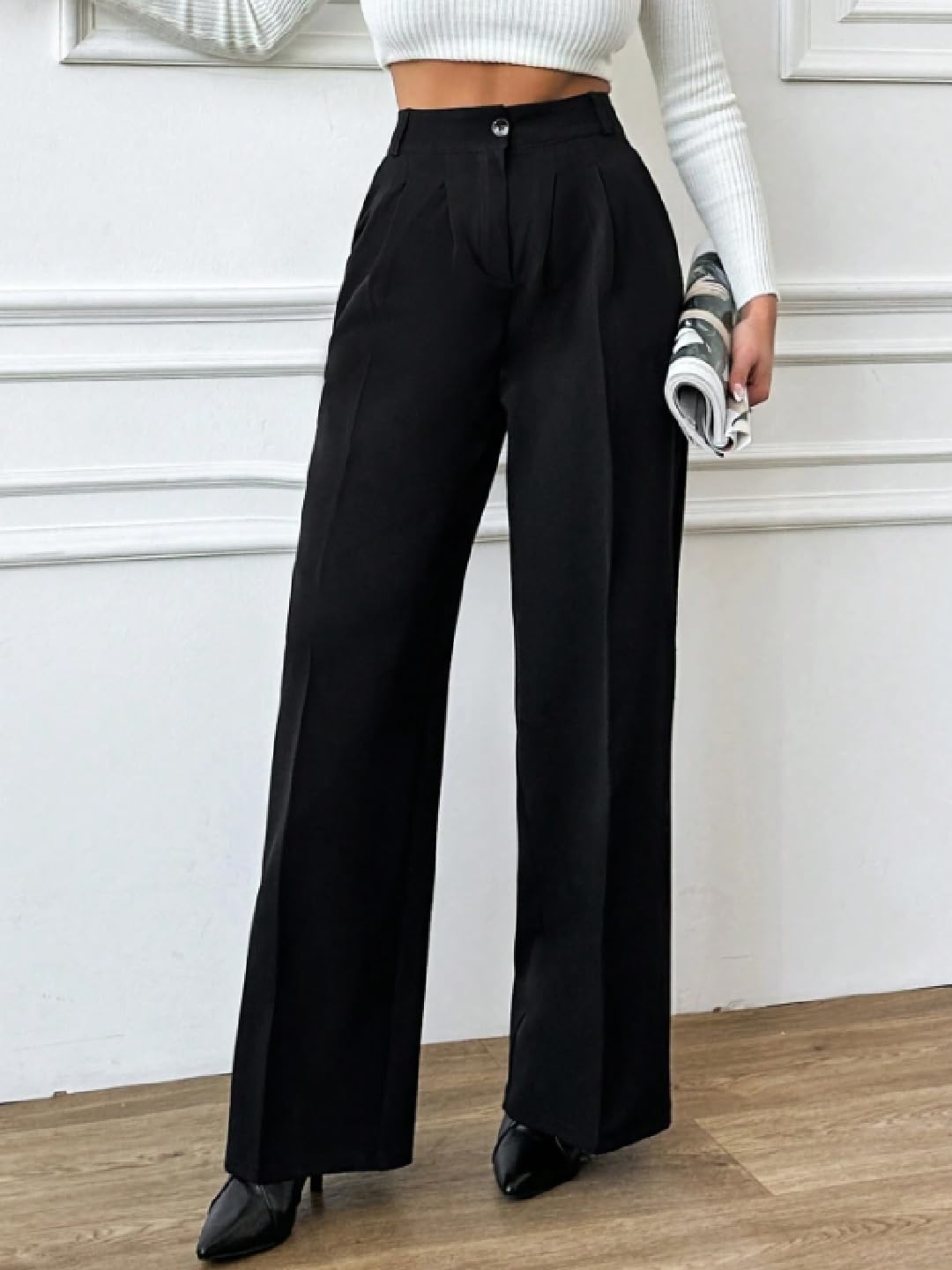 OOMPH! Women's High-Waisted Pant | Wide Leg Trousers | Korean Style Stretchable Trouser Jet Black