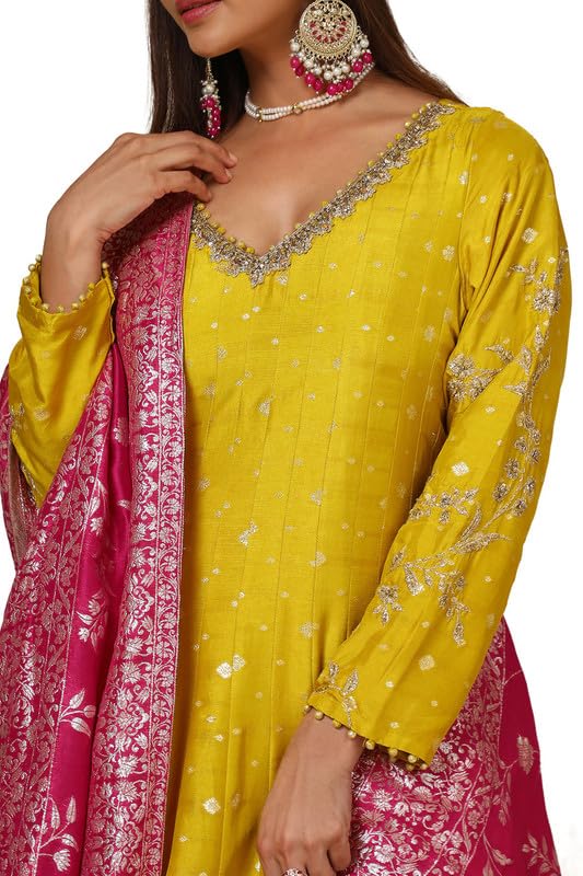Soch Womens Mustard Silk Blend Zari Woven Panelled Gown with Beads and Stones