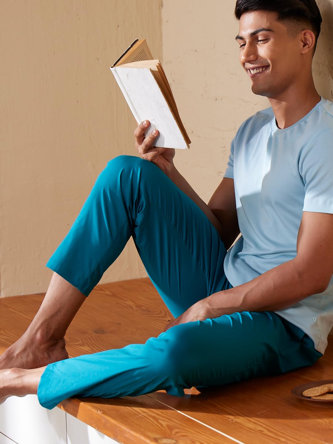 DaMENSCH The Stretch Men's Woven Cotton Tapered Fit Pyjama Pants- Trust on Teal- Large