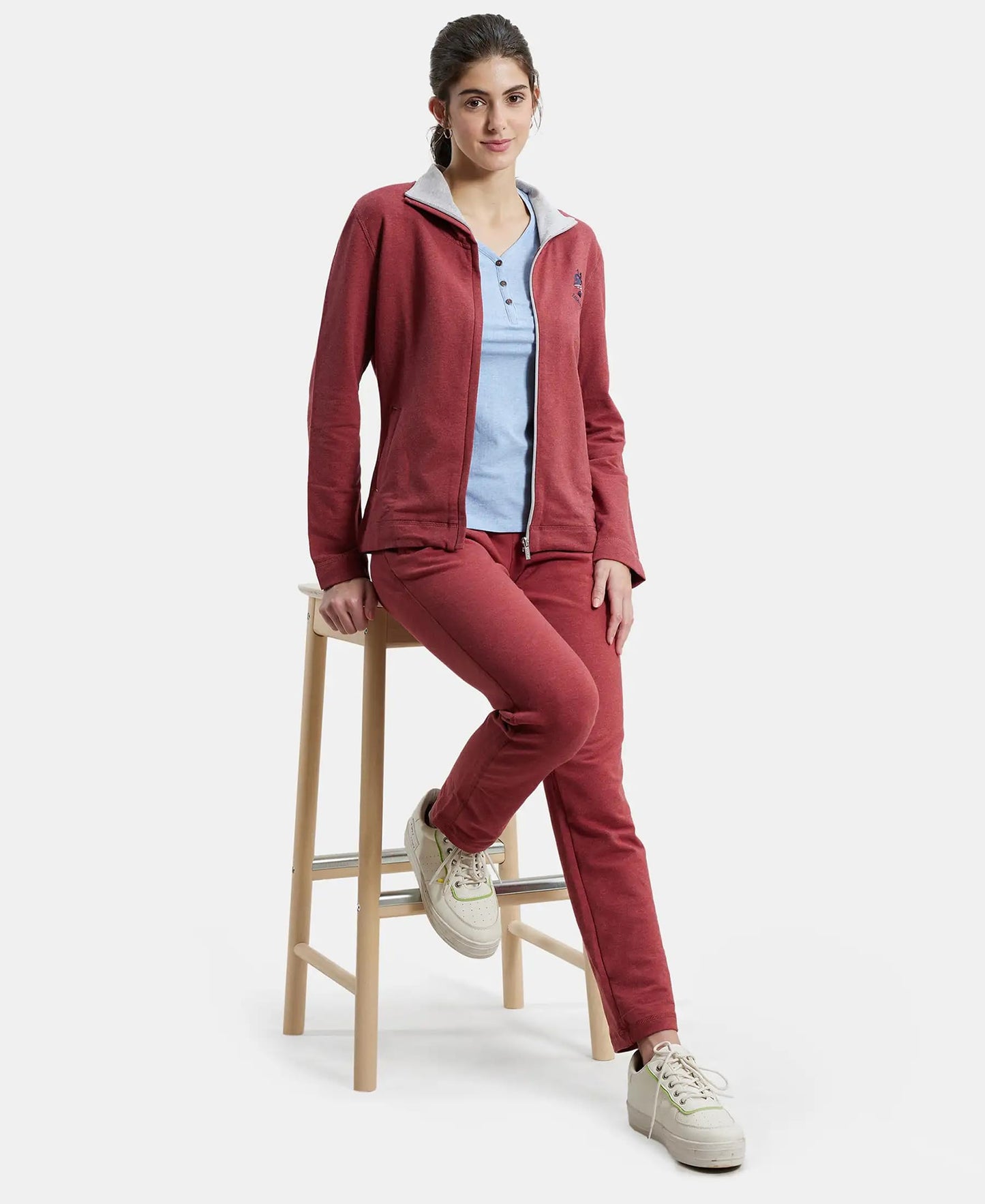 Jockey UL08 Women's Super Combed Cotton Elastane Stretch Full Zip High Neck Jacket With Convenient Front Pockets_Rust Red Melange_