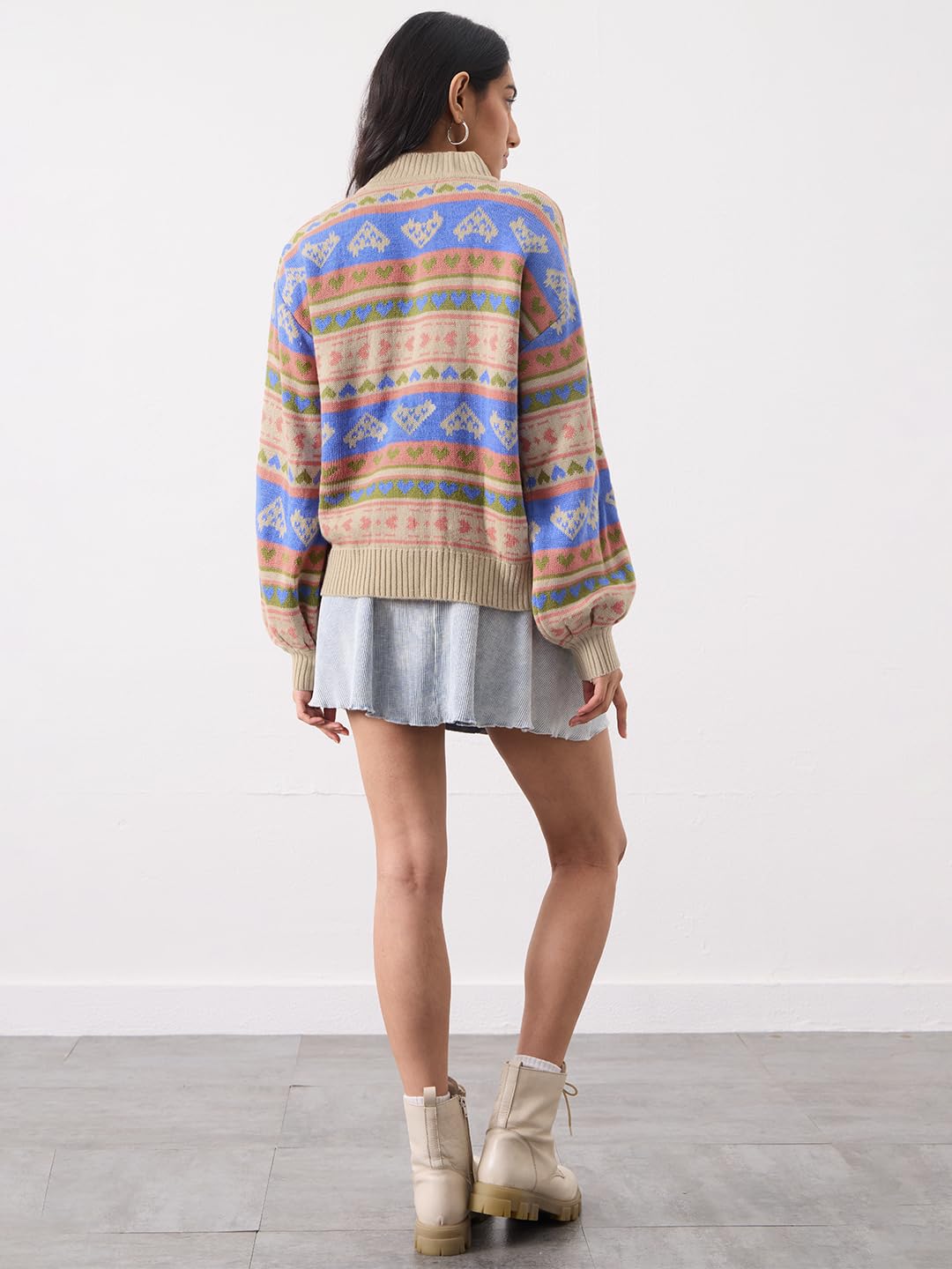 The Souled Store Knitted Sweater: Coral Clay Women and Girls Long Sleeves Mock Neck Geometric Printed Acrylic Oversized Fit Ribbed Hem Casual Winter Pullover Oversized Sweater