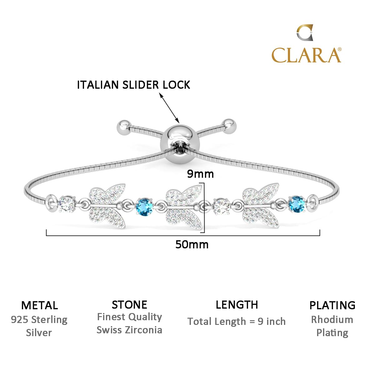 Clara 925 Pure Silver Blue Butterfly Hand Bracelet, Adjustable, Anti Tarnish, Swiss Zirconia Gift for Women and Girls