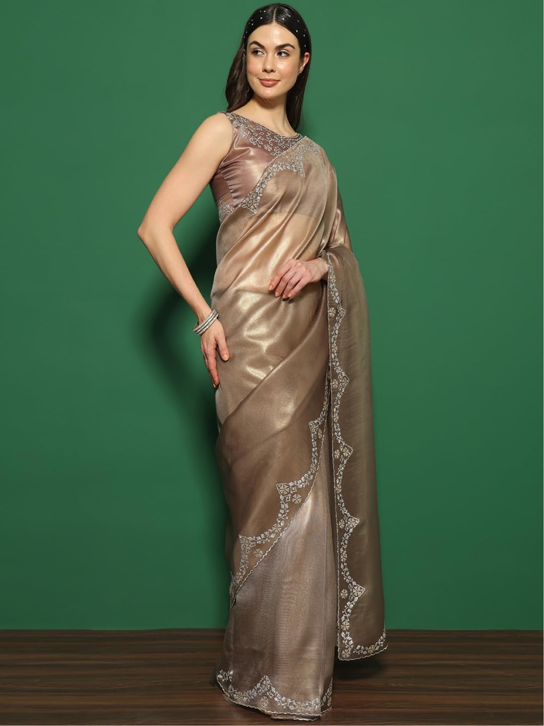 SAREE MALL Women's Organza Solid Saree With Unstitched Blouse Piece(Bronze_FF0MAHEK763B_MK)